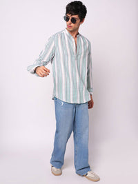 VASTRADO Retro Shoreline Azure Striped Band Collar Cotton Kurta