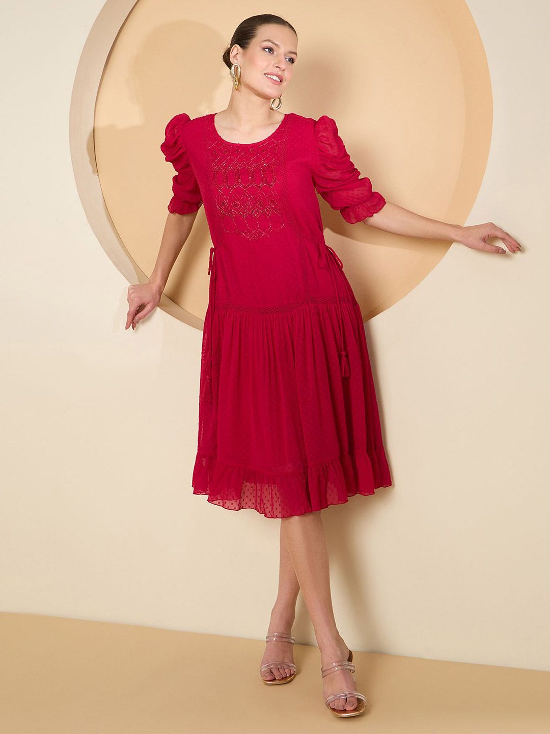 Antheaa Women Puff Sleeve Chiffon Fit & Flare Embellished Dress