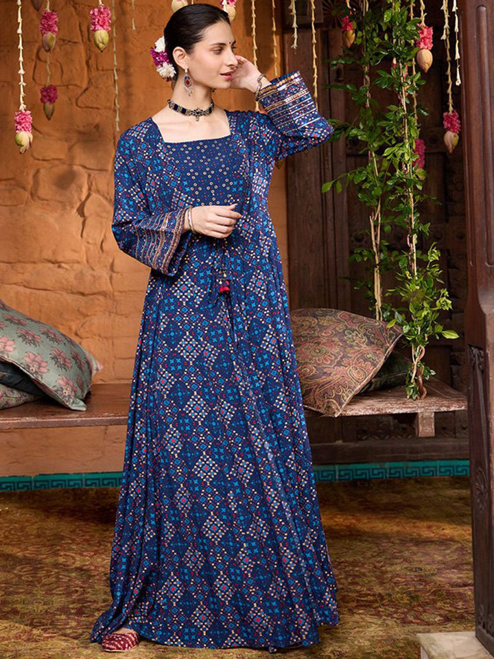 Global Desi Women Floral Printed Square Neck Maxi Ethnic Dresses with Shrug