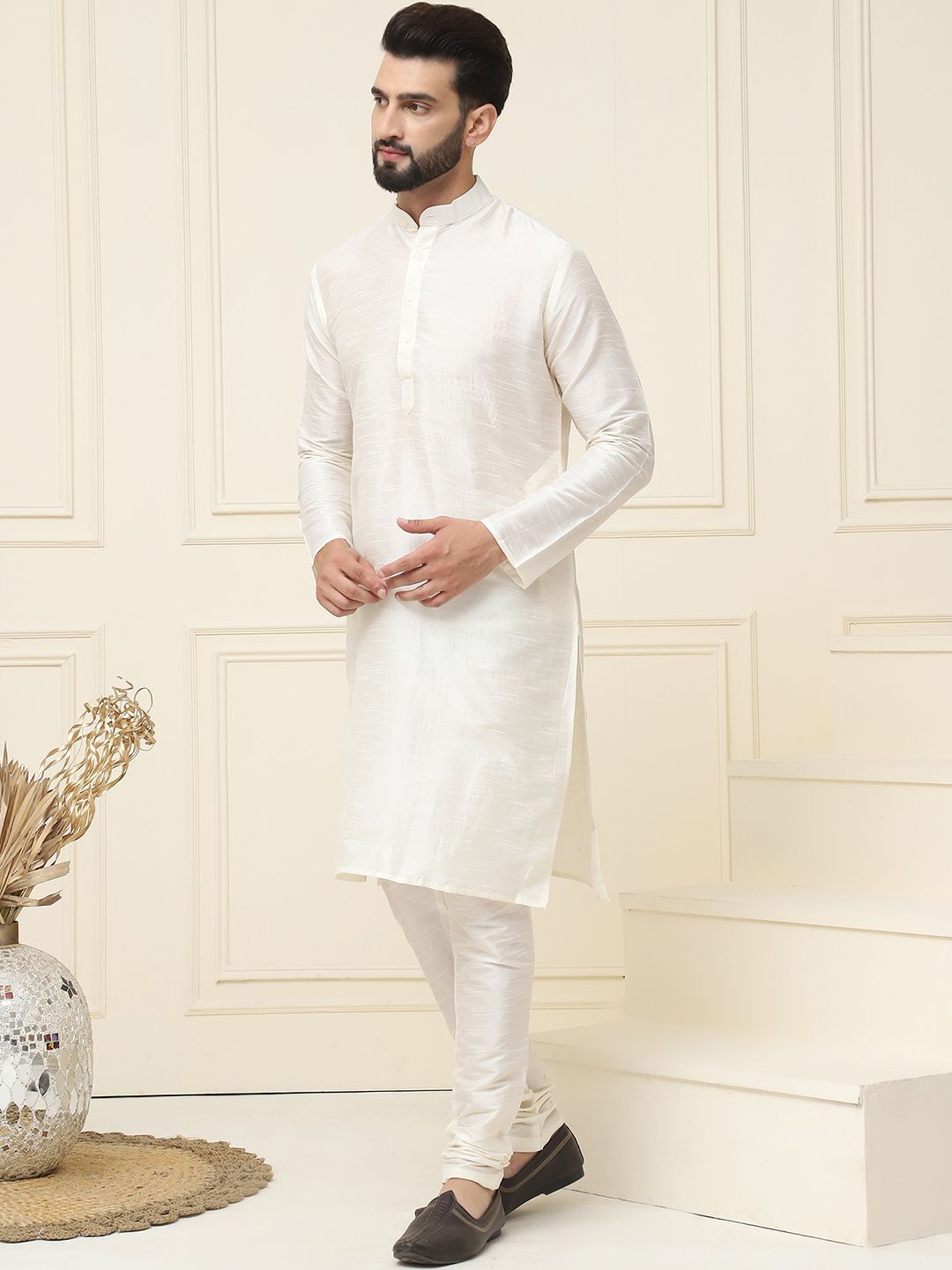 SOJANYA Mandarin Collar Silk Cotton Straight Kurta with Churidar & Nehru jacket