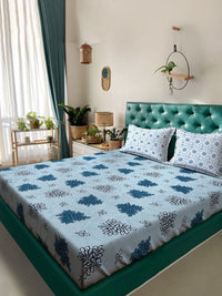 Myntra Elegant Homes Blue & White Floral 400 TC King Bedsheet with 2 Pillow Covers