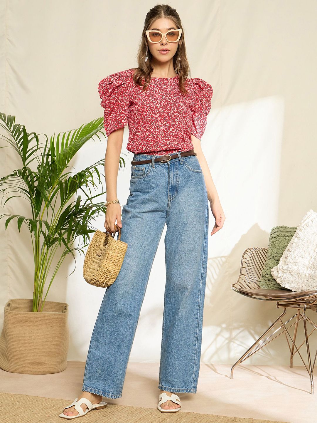 Berrylush Floral Print Puff Sleeve Top