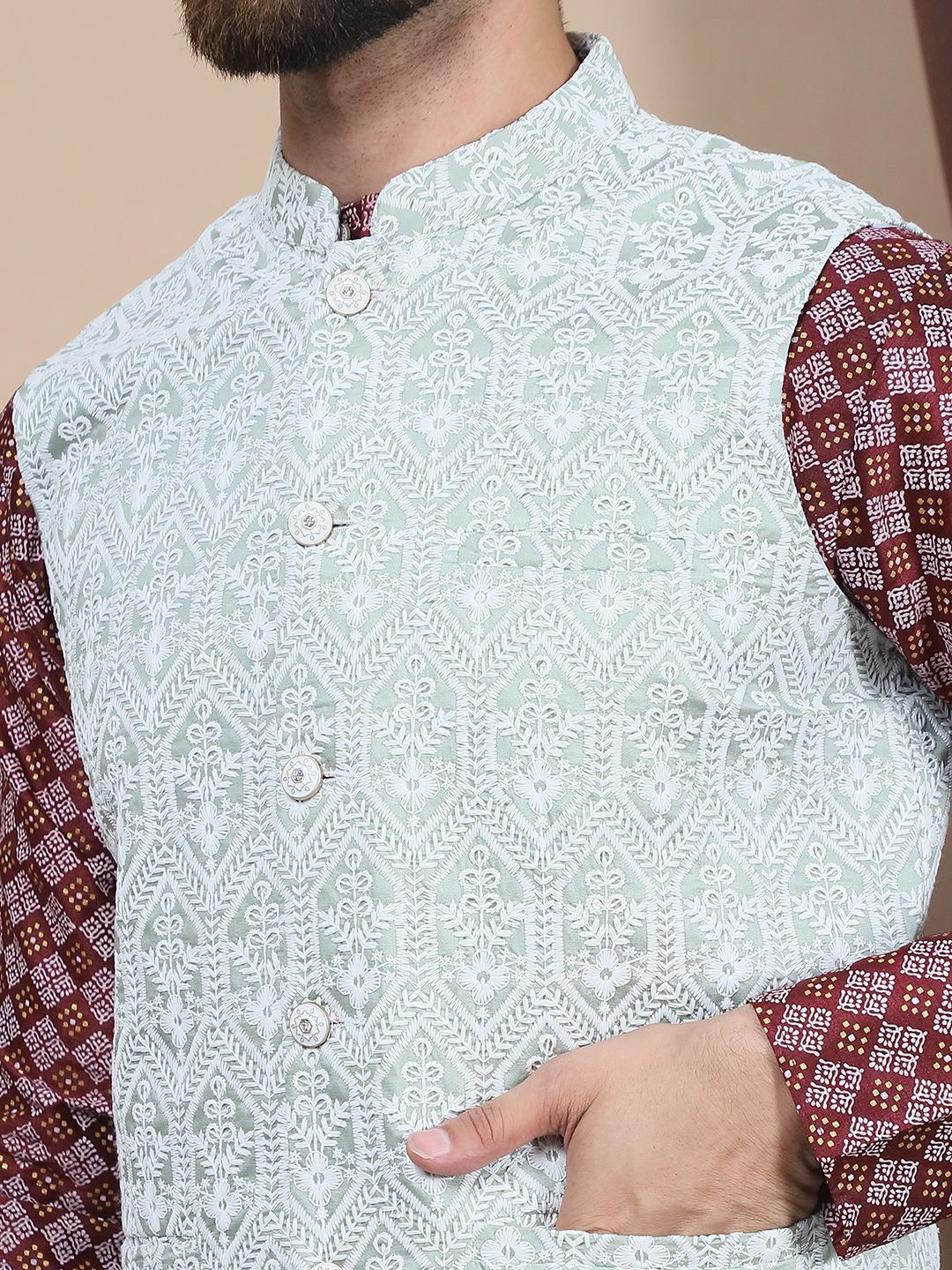 Anouk Purple Ethnic Motifs Woven Design Mandarin Collar Straight Kurta & Nehru Jacket