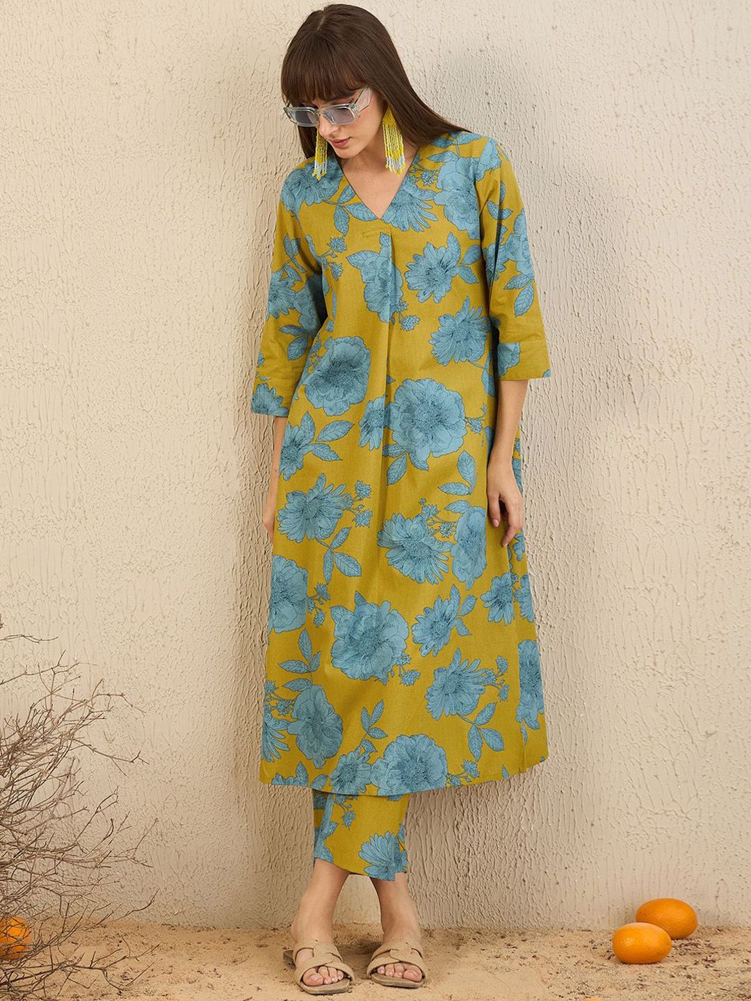 Indo Era Floral Printed V-Neck A-Line Kurta with Trousers