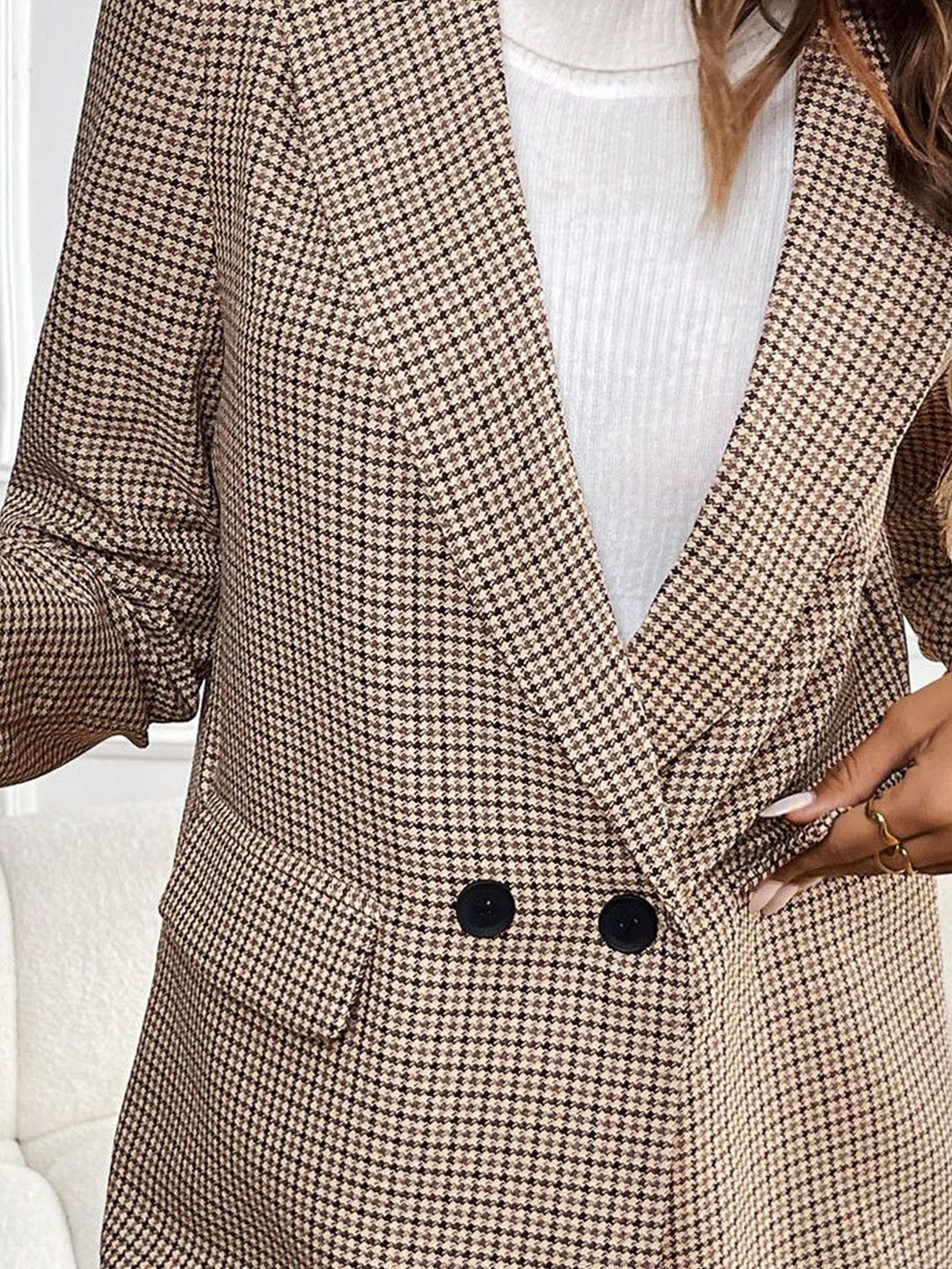DressBerry Women Checked Lapel Collar Top