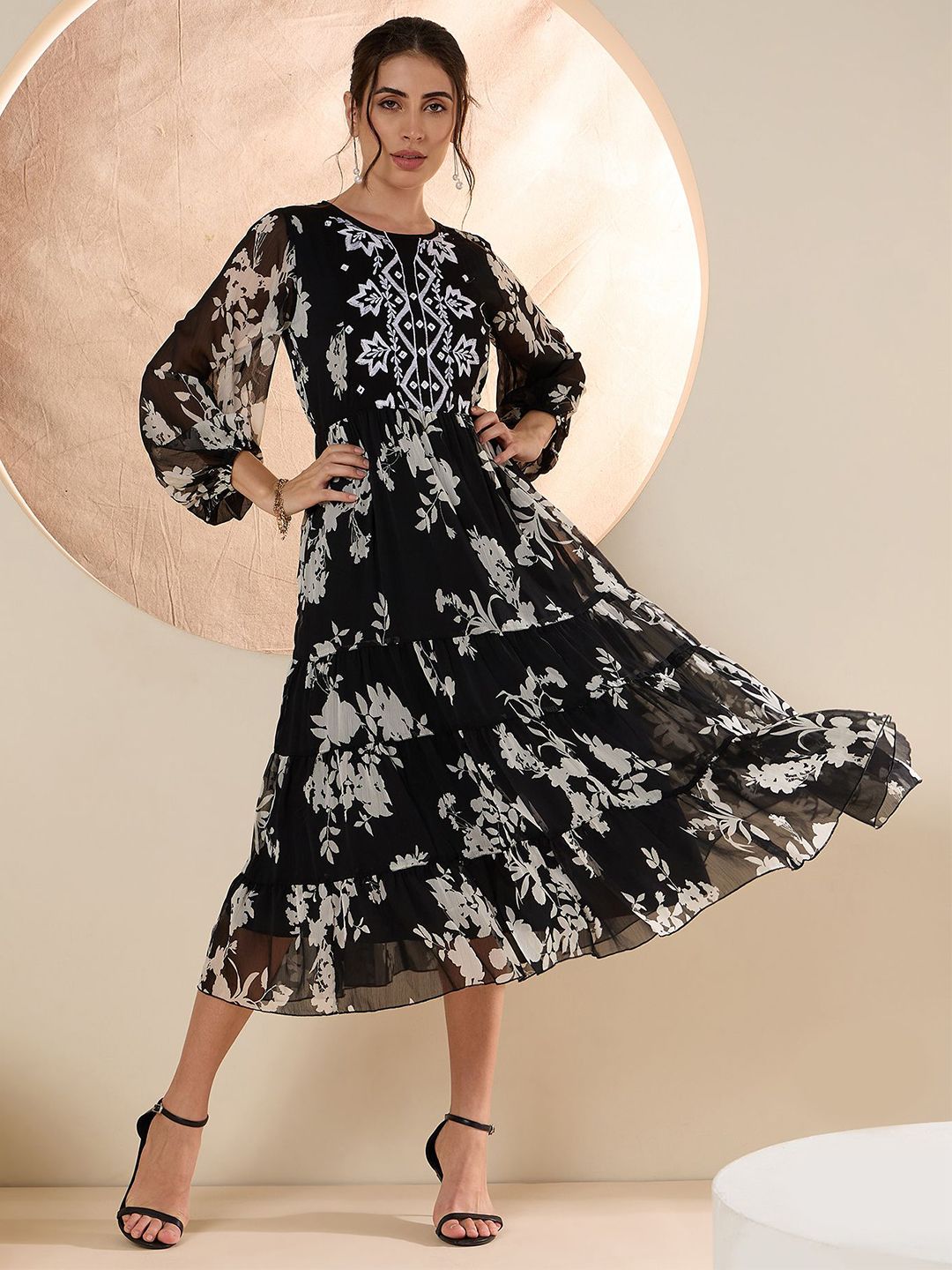 Antheaa Women Floral Embroidered Fit & Flare Midi Dress