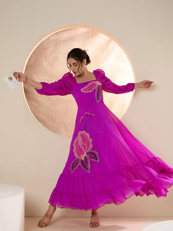 Antheaa Puff Sleeve Chiffon Emberoidered Maxi Dress