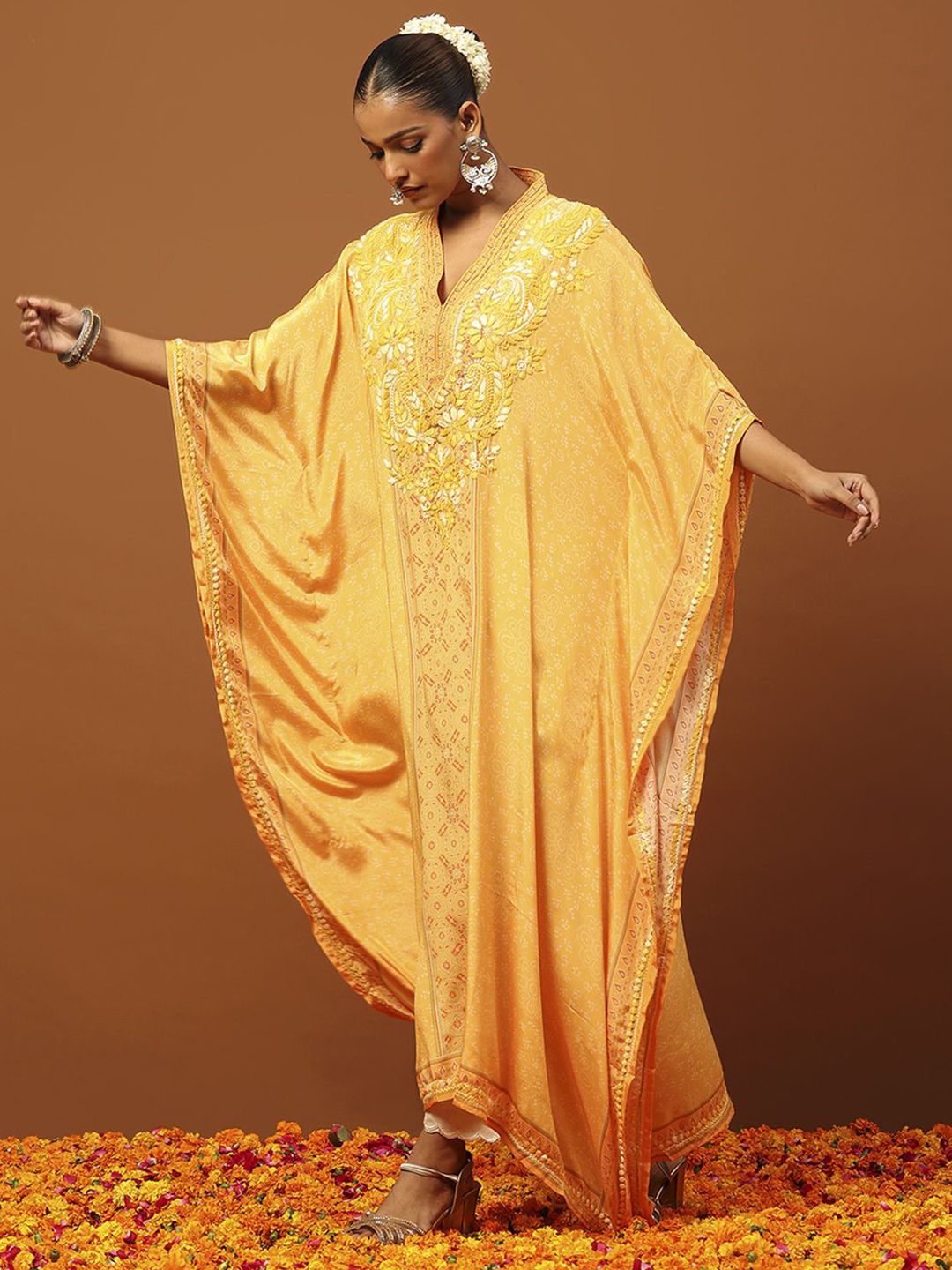 Rumah Chikankari Wanita Krep Kuning Chikankari Sulam Kurta