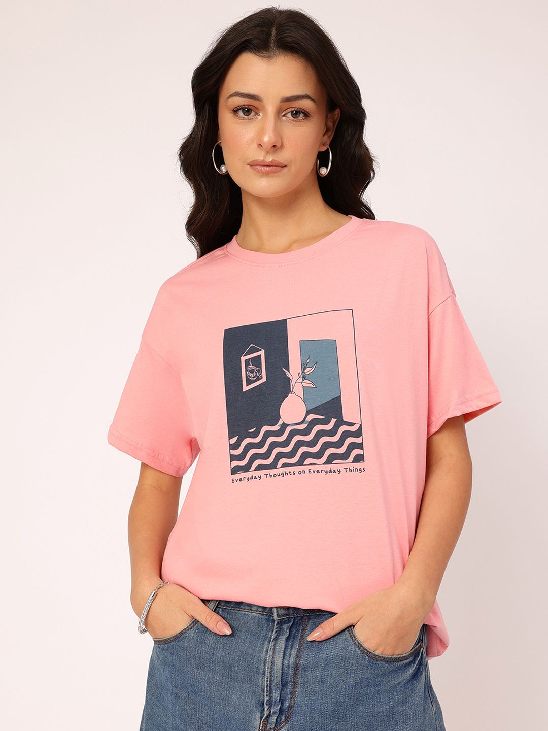 DressBerry Positive Energy Printed Drop-Shoulder Relaxed T-shirt