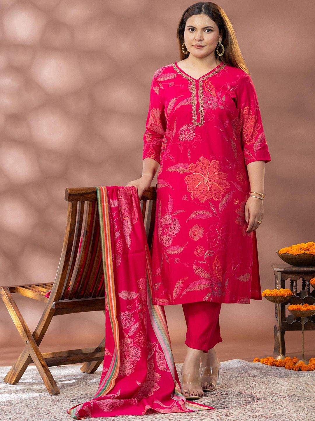 Kurta Bercetak Bunga Mamicha Wanita dengan Palazzos & Dupatta