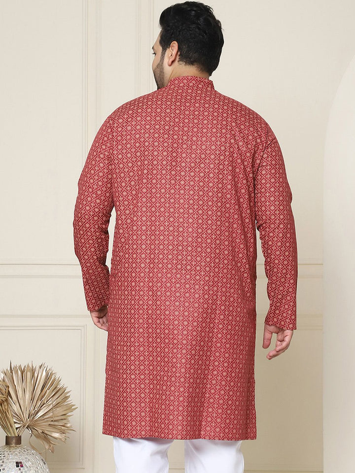 SOJANYA Plus Motif Etnik Printed Mandarin Collar Lengan Panjang Cotton Linen Kurta Lurus