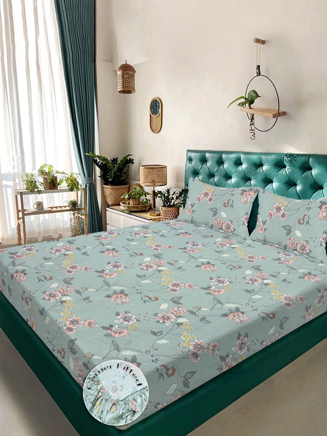 Aura Hijau & Oren Bunga 300 TC Set Cadar Double King 2.50 m x 2.25 m