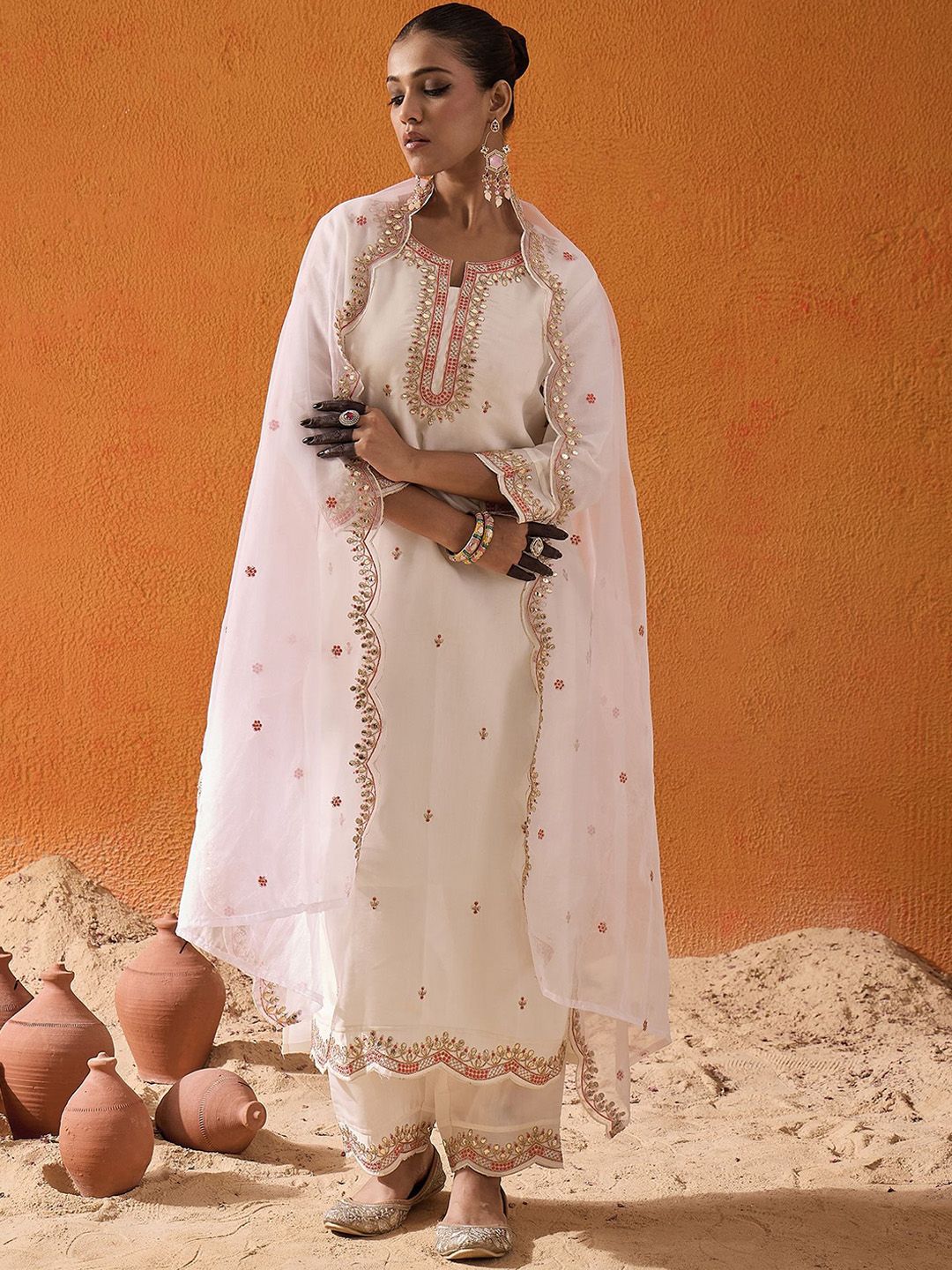 Indo Era White and Pink Ethnic Motifs Embroidered Gotta Patti Kurta with Trouser & Dupatta