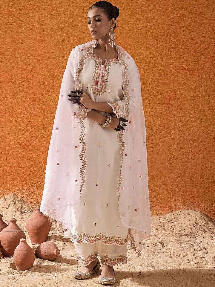 Indo Era White and Pink Ethnic Motifs Embroidered Gotta Patti Kurta with Trouser & Dupatta