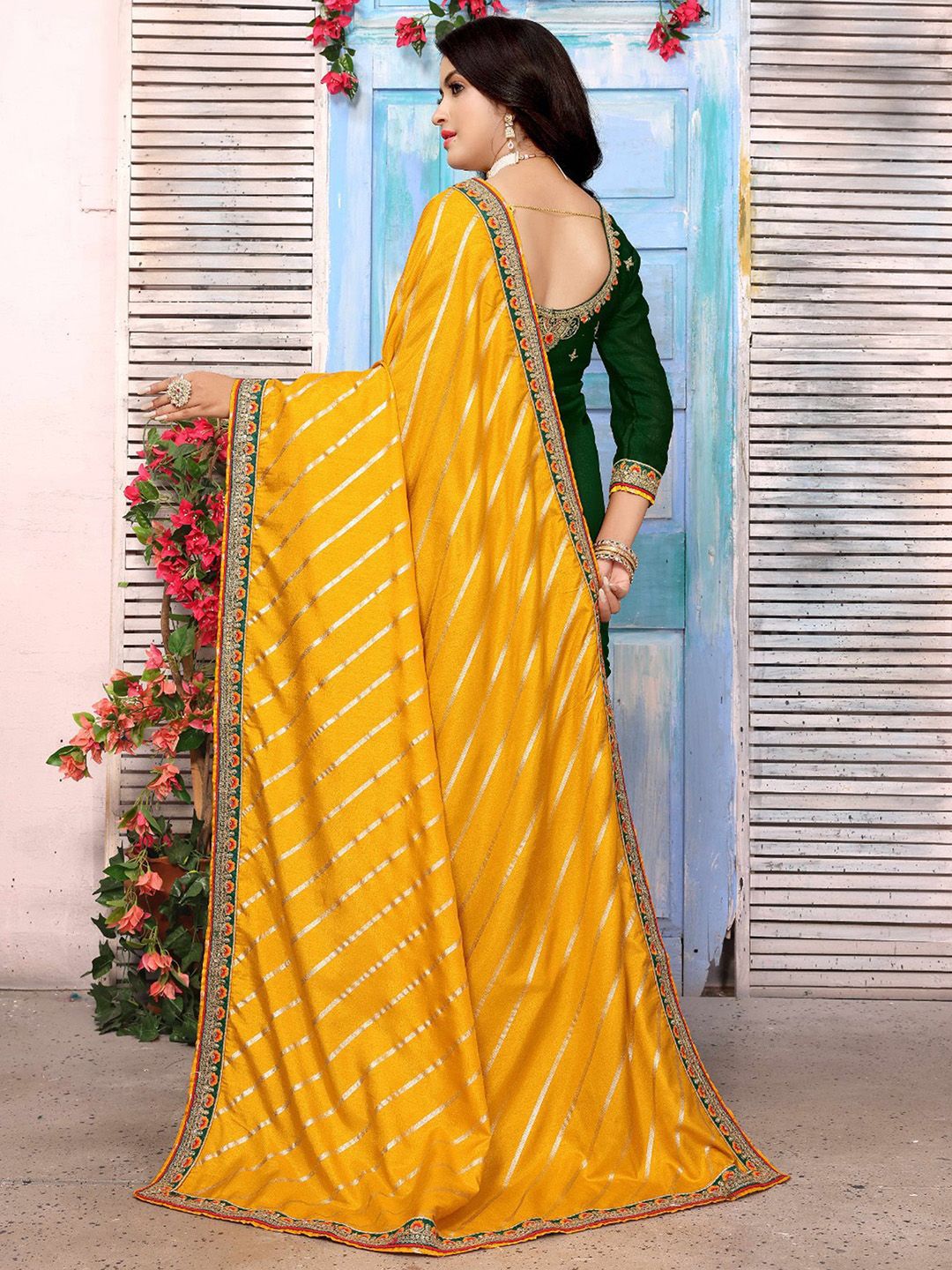 Saree mall Striped Sequinned Silk Blend Yellow Sarees