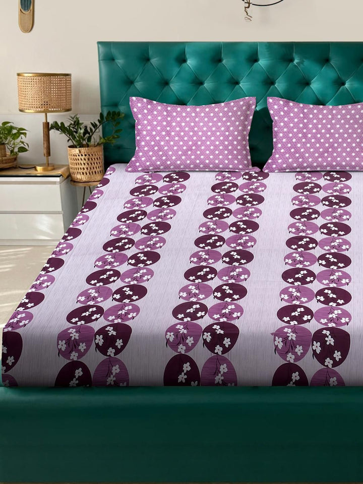 KLOTTHE Purple And White Floral Printed Cotton 400 TC Double Bedsheet Set 2.50 m x 2.20 m