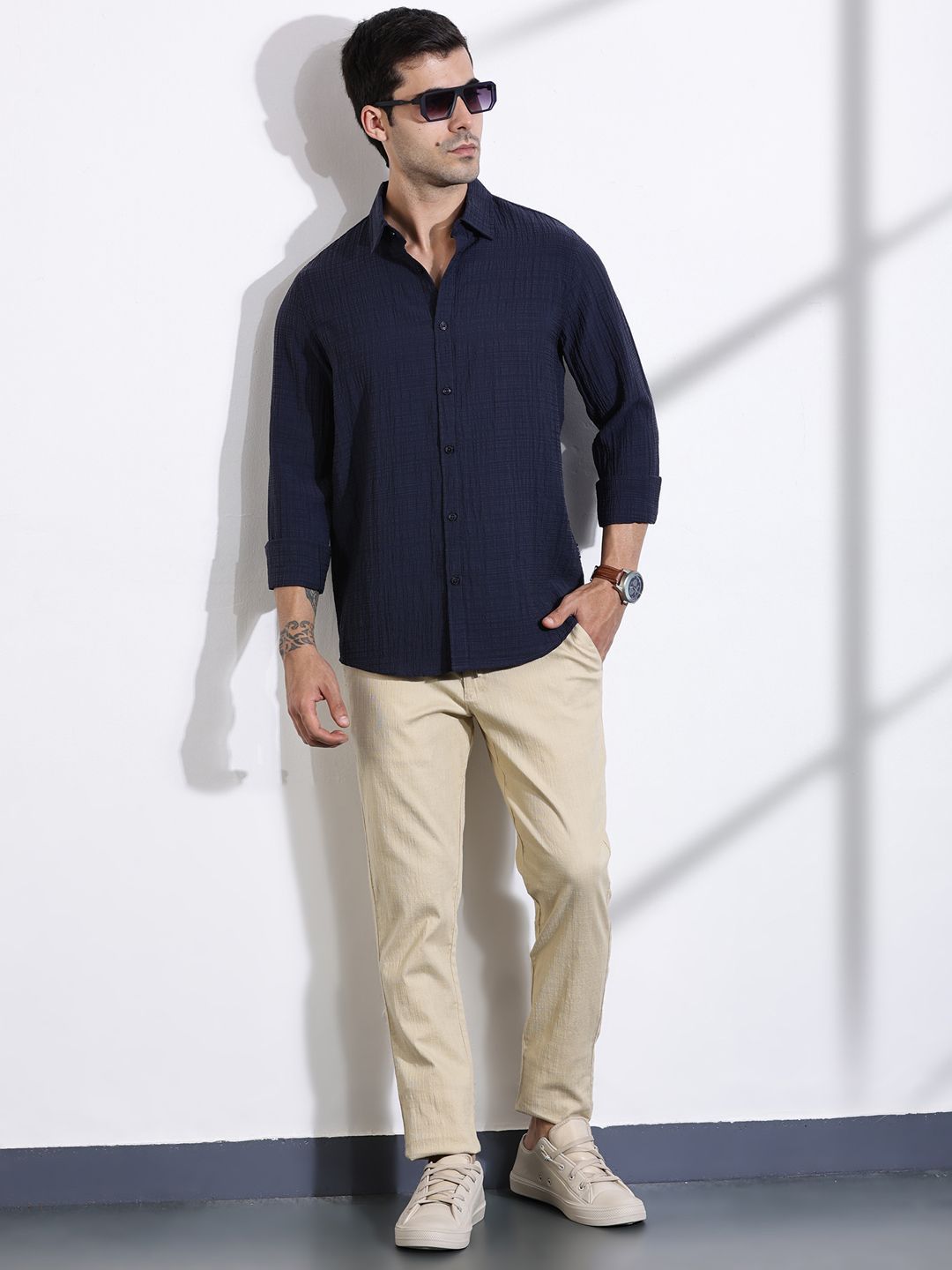 Thomas Scott Men Classic Slim Fit Spread Collar Textured Casual Shirt