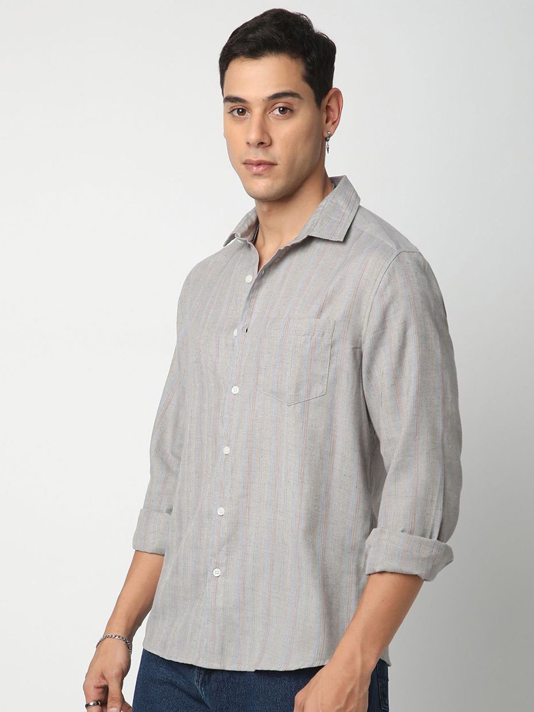 VASTRADO Men Classic Cutaway Collar Multi Striped Cotton Slim Fit Casual Shirt