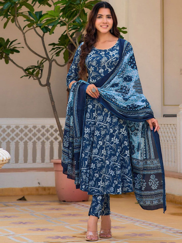 KALINI Floral Printed Straight Pure Cotton Kurta with Trousers & Dupatta