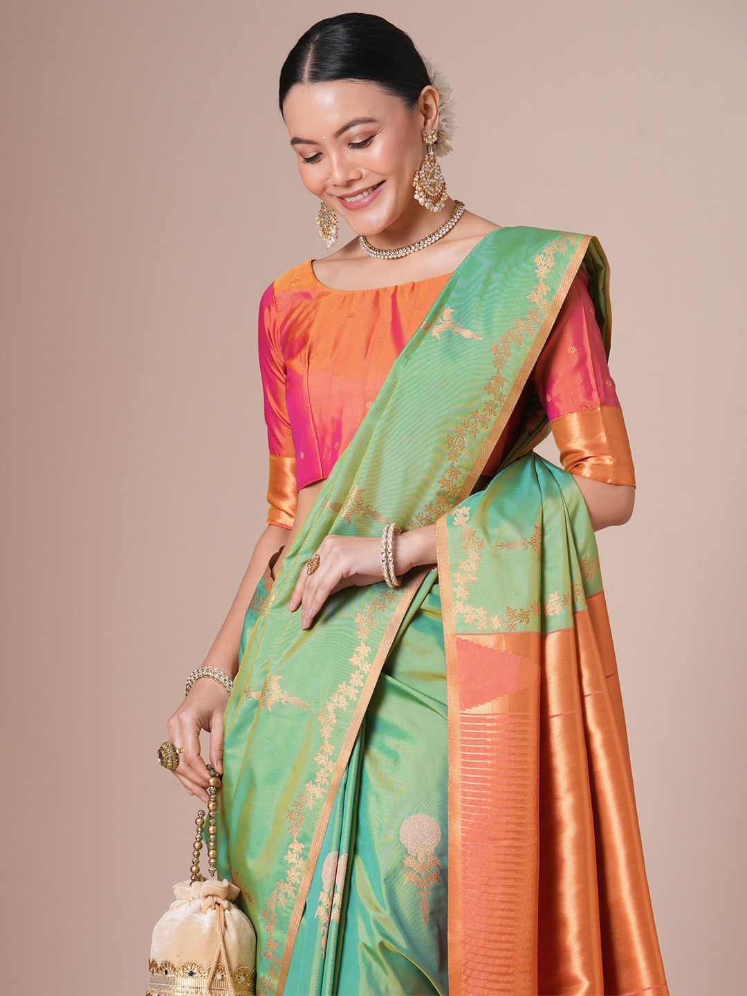 House of pataudi Woven Design Pure Silk Jamdani Saree With Blouse Piece