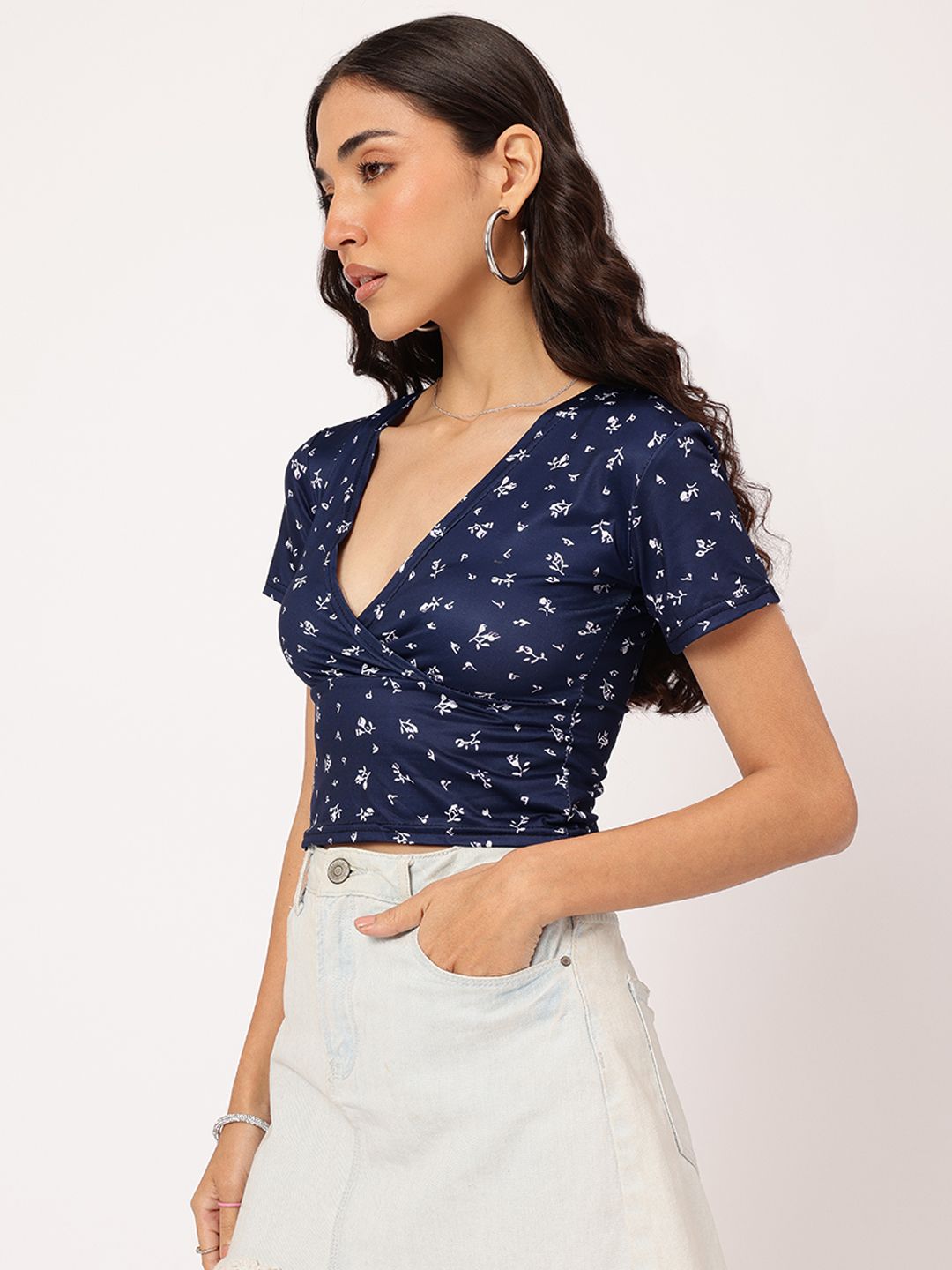 DressBerry Cottagecore Chic Micro Floral Printed Wrap Crop Top