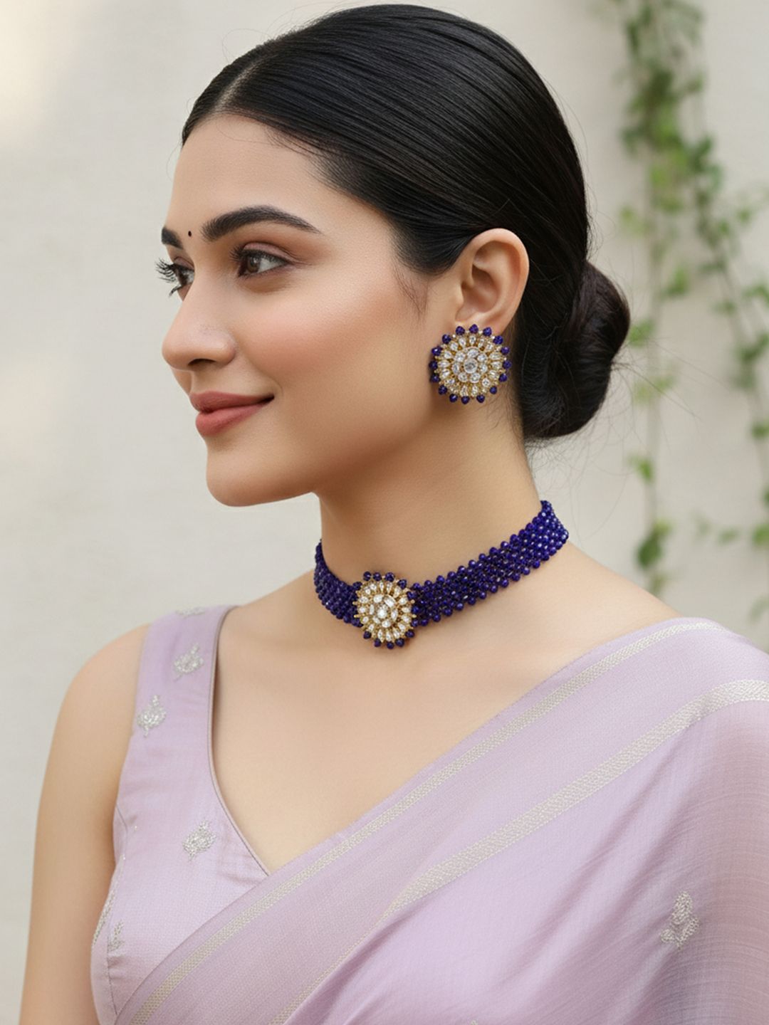 KARATCART Gold-Plated White Crystal & Kundan-Studded & Blue Beaded Handcrafted Jewellery Set