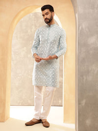 Kurta Lurus Kolar Mandarin Kelabu Kelabu Bersulam Bunga Dengan Piyama
