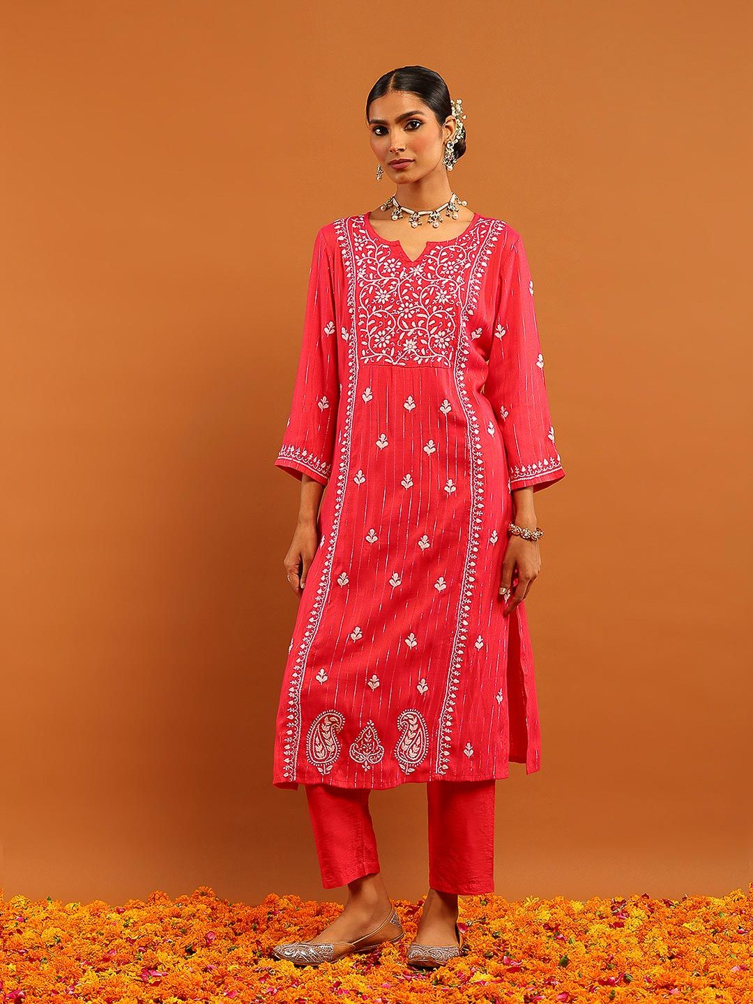Rumah Chikankari Wanita Red Cotton Chikankari Sulam Kurta