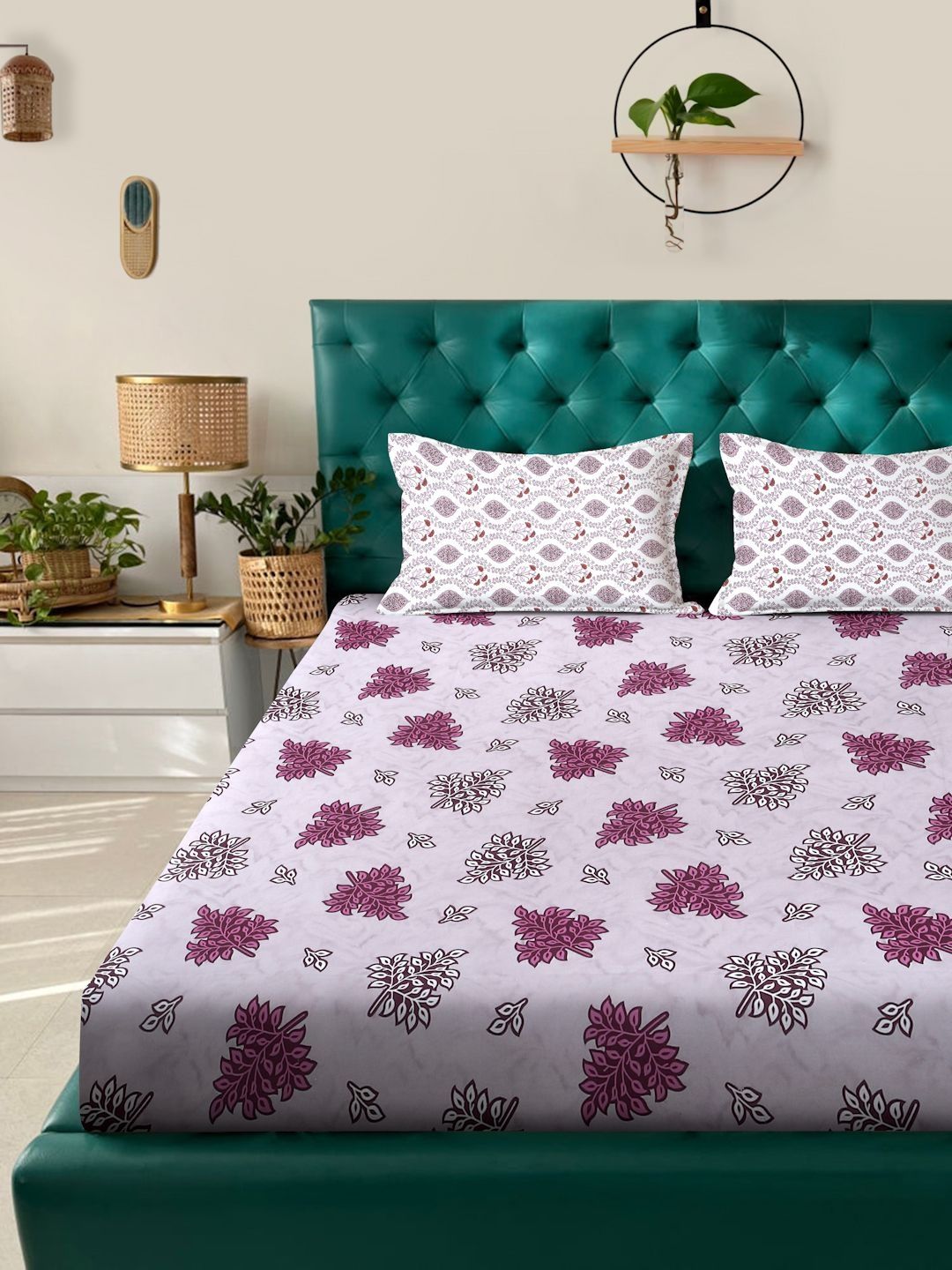 Myntra Elegant Homes Purple Floral 400 TC King Bedsheet with 2 Pillow Covers
