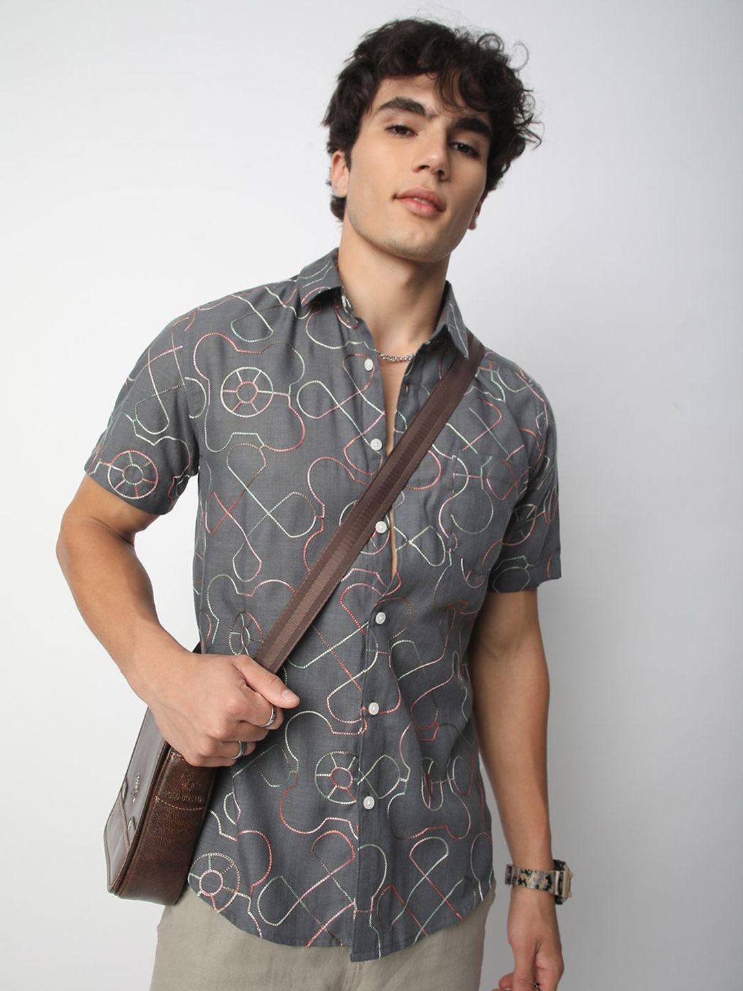 VASTRADO Men Classic Spread Collar Geometric Self Design Cotton Slim Fit Casual Shirt