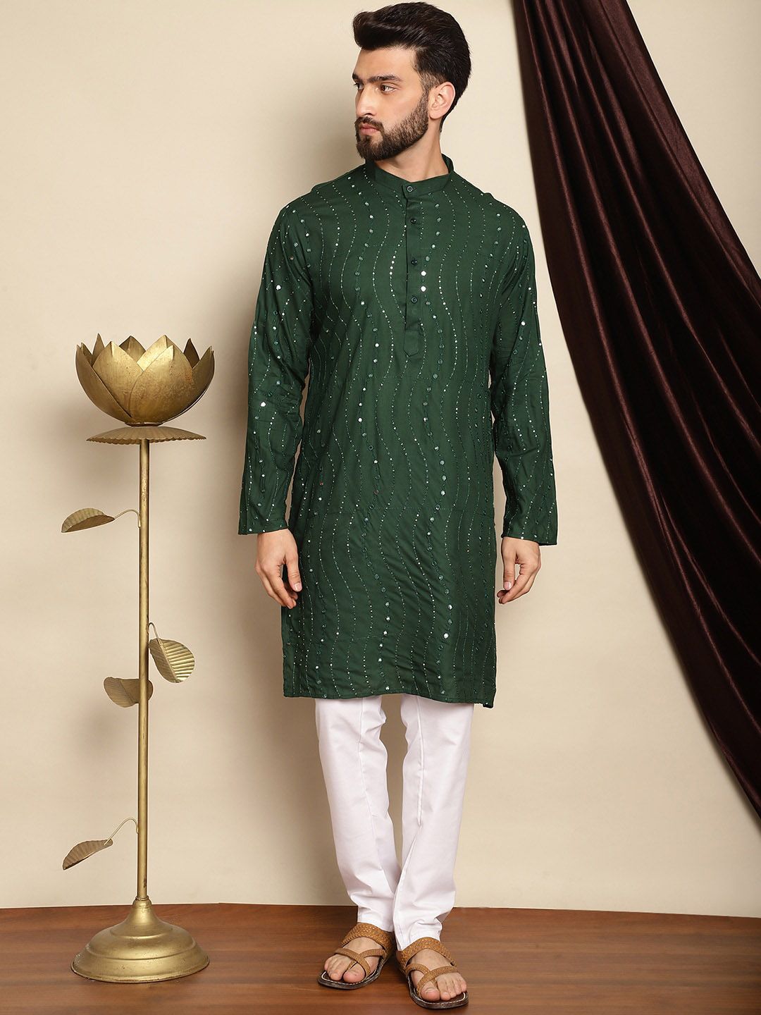 Anouk Green Mandarin Collar Sequinned Pure Cotton Straight Kurta with Pyjamas