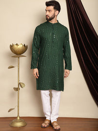 Anouk Green Mandarin Collar Sequinned Pure Cotton Straight Kurta with Pyjamas
