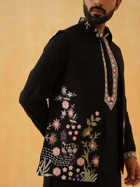 SOJANYA LUXE Floral Yoke Design Thread Work Cotton Silk Kurta With Trousers & Nehru jacket