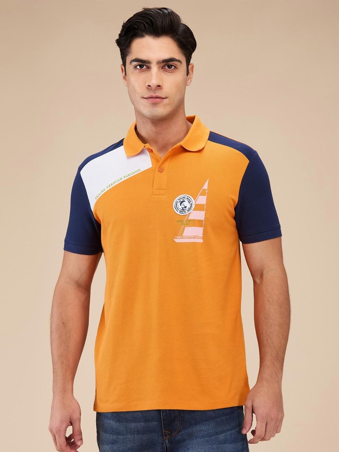 Being Human Men Colourblocked Polo Collar Cotton Slim Fit T-shirt