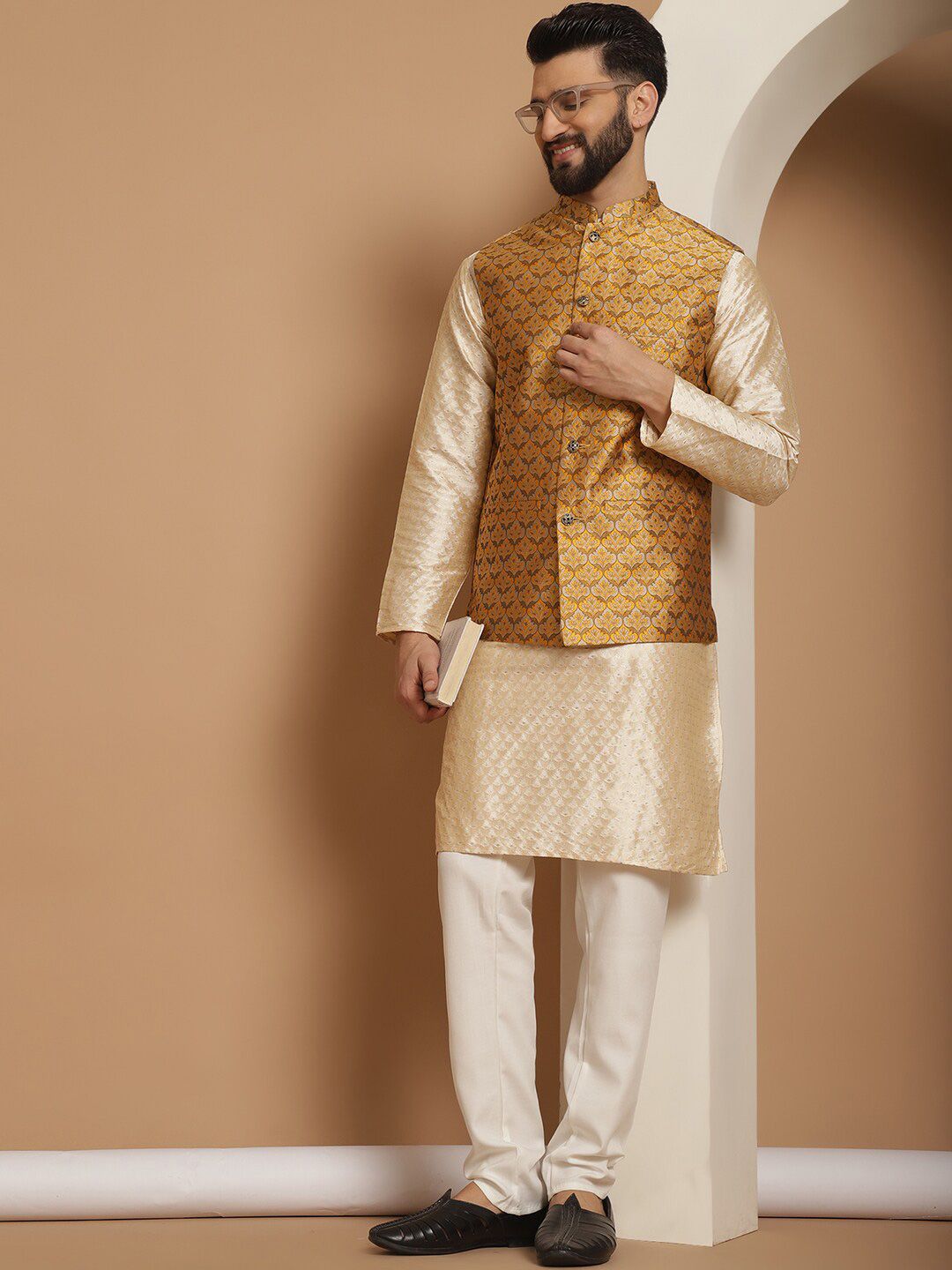 Anouk Ethnic Motifs Embroidered Regular Kurta with Churidar & Nehru Jacket