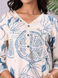 Varanga Floral Printed V-Neck Sequinned Panelled Cotton A-Line Kurta