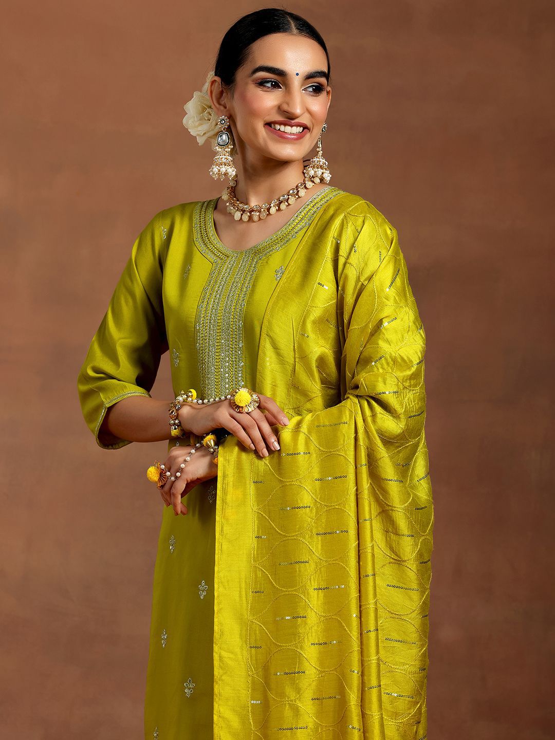 Libas Floral Embroidered Sequinned Straight Kurta with Salwar & With Dupatta
