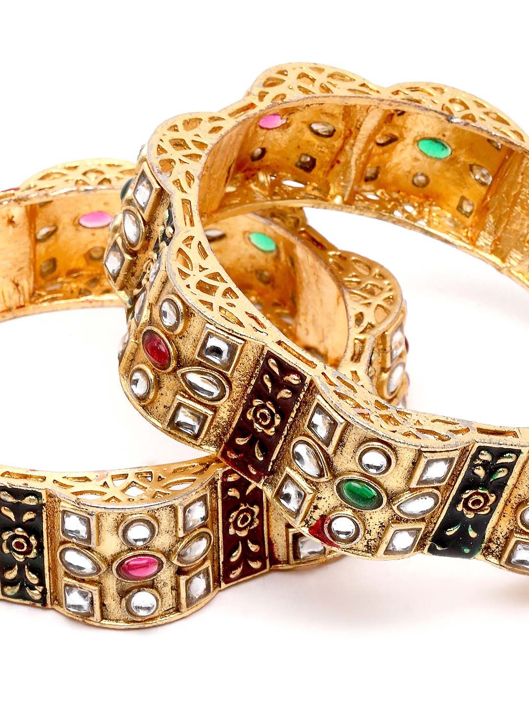 KARATCART Set Of 2 Gold-Plated Kundan Studded Bangles