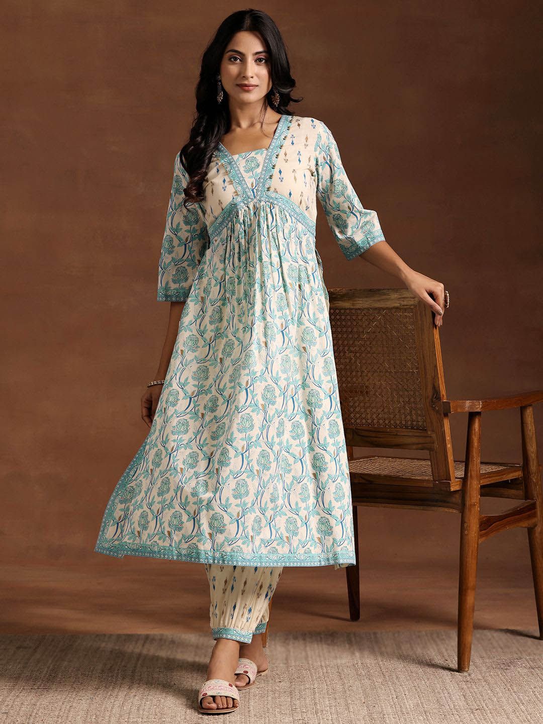 Libas Women Floral Printed Empire Beads and Stones Pure Cotton Kurta with Salwar
