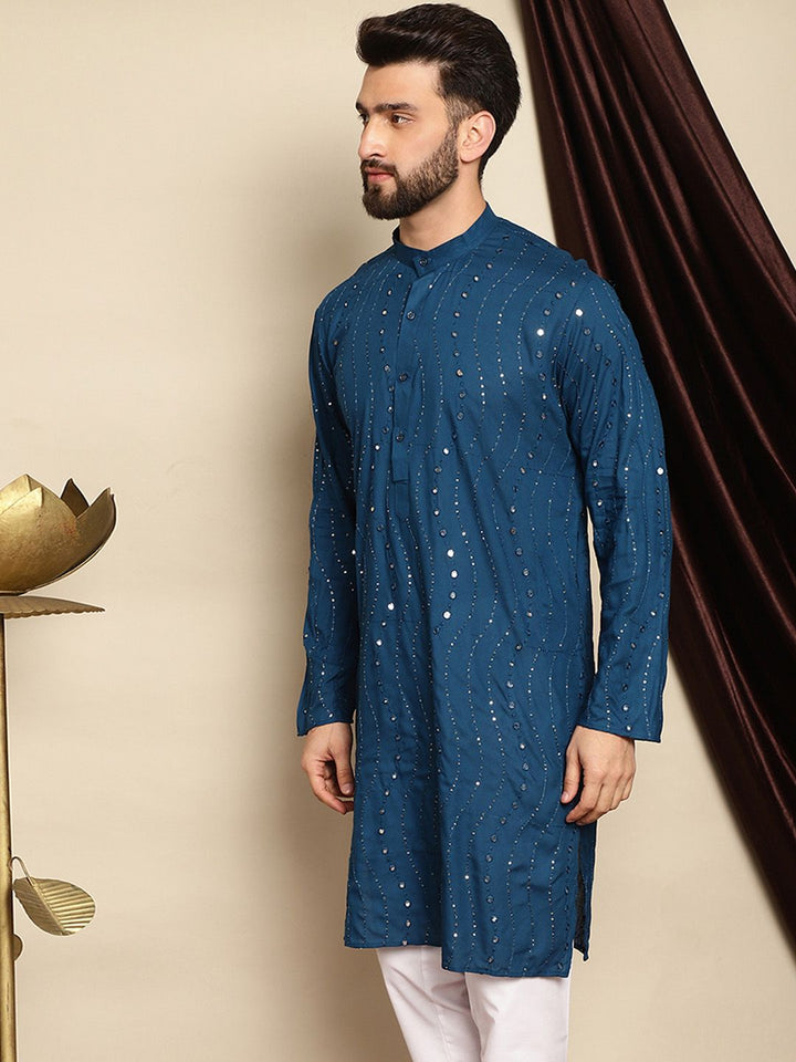 Anouk Teal Blue Geometric Embroidered Mandarin Collar Mirror Work Cotton Straight Kurta