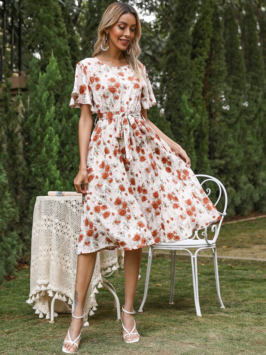 DressBerry Floral Print Belted A-Line Midi Dress