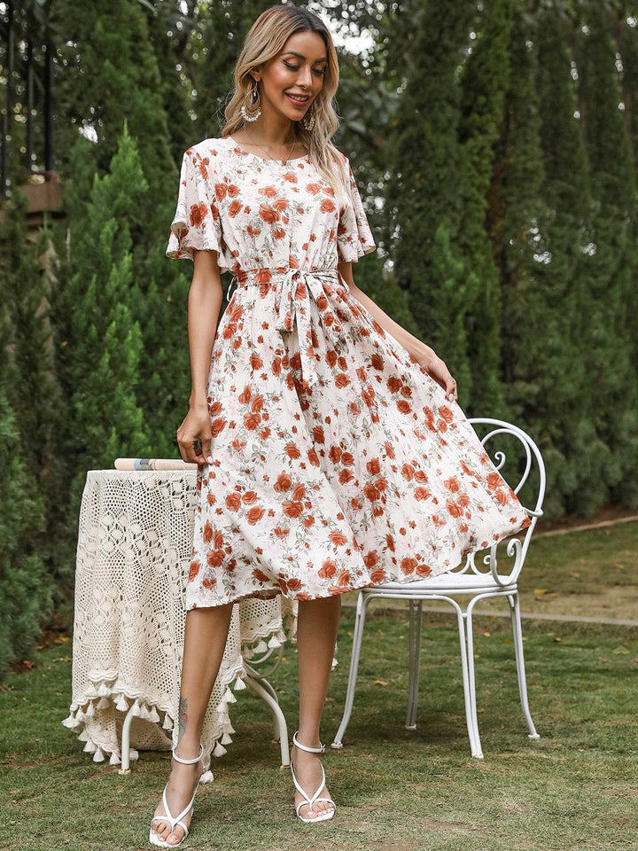 DressBerry Floral Print Belted A-Line Midi Dress