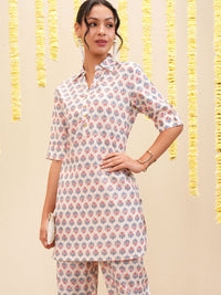 Vishudh White & Blue Floral Printed Shirt Collar Tunic & Trousers