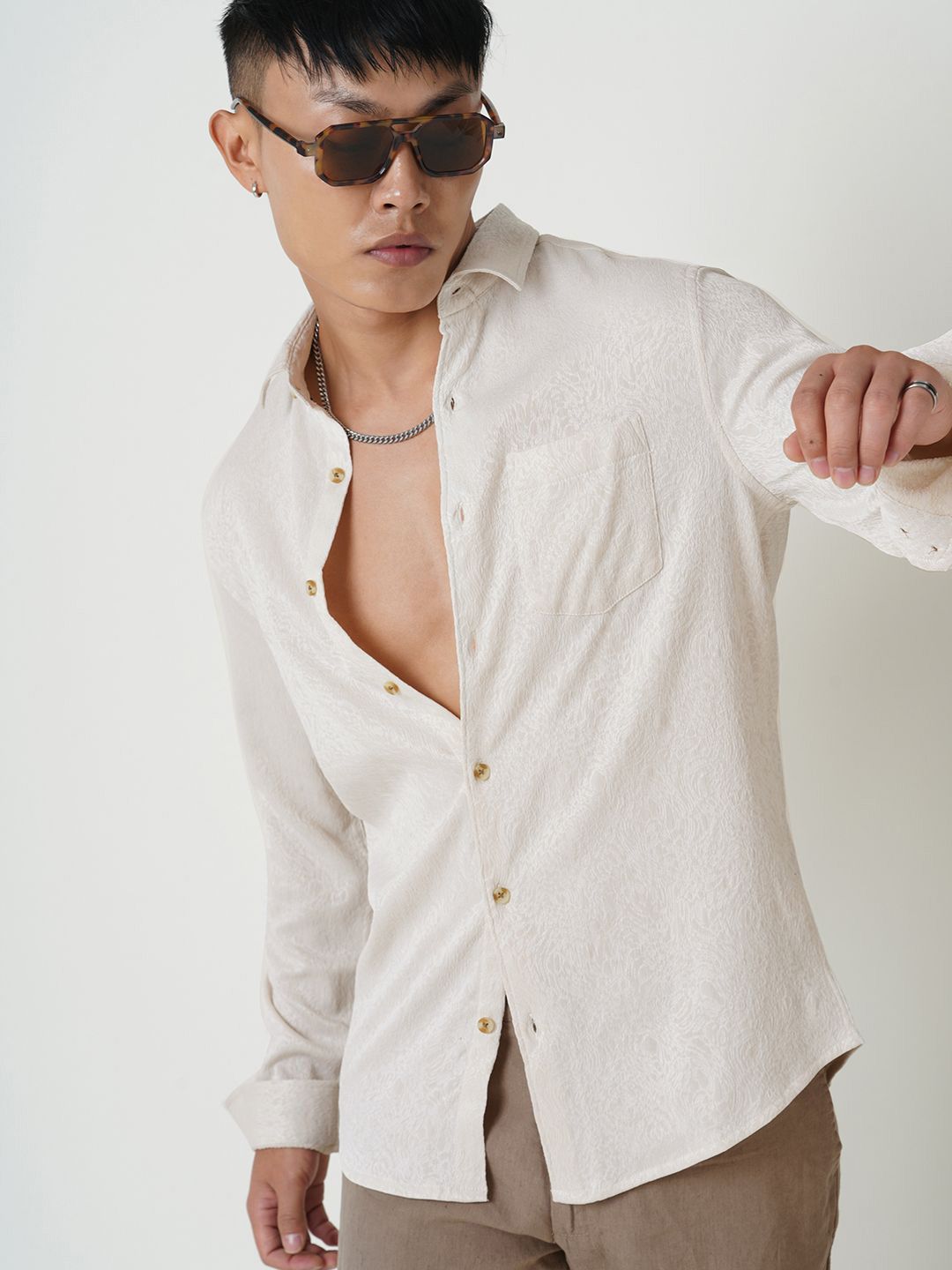 VASTRADO Men Classic Spread Collar Textured Slim Fit Casual Shirt