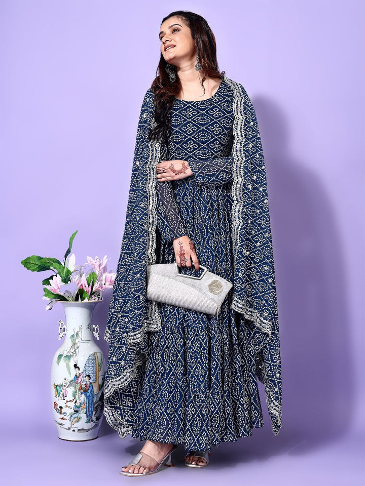 KALINI Bandhani Printed Tiered Georgette Anarkali Kurta With Trouser & Dupatta