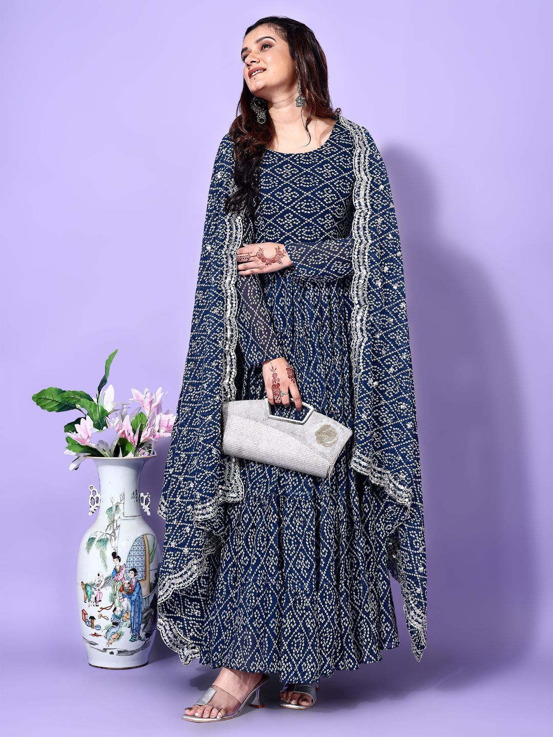 KALINI Bandhani Printed Tiered Georgette Anarkali Kurta With Trouser & Dupatta