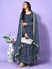 KALINI Bandhani Printed Tiered Georgette Anarkali Kurta With Trouser & Dupatta