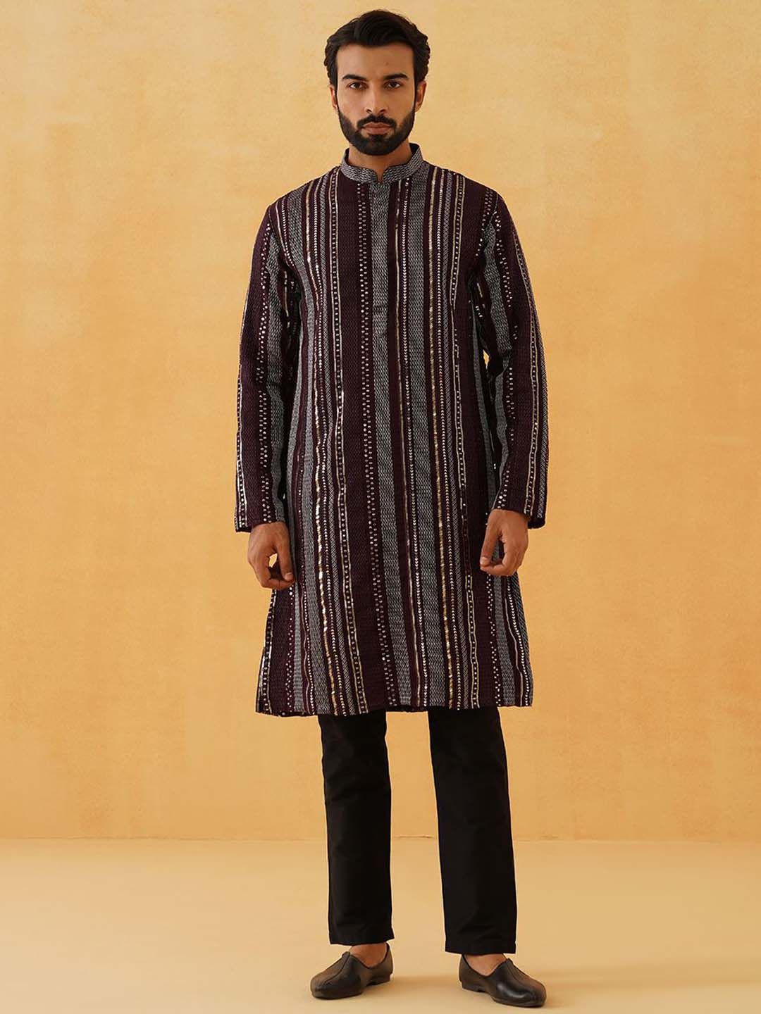 SOJANYA LUXE Striped Embroidered Sequinned Georgette Straight Kurta With Trousers