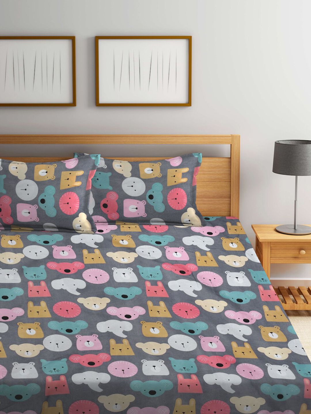 KLOTTHE Grey Cartoon Printed Flat 300 TC King Bedsheet with 2 Pillow Covers-250X225 cm