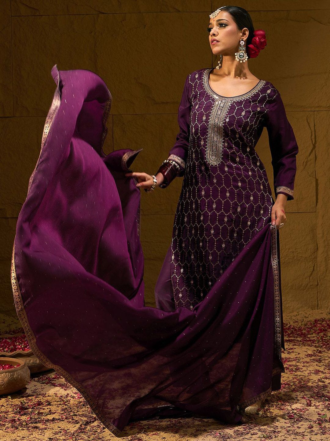 Indo Era Burgundy Geometric Embroidered Jacquard Weave Kurta with Trousers & Dupatta